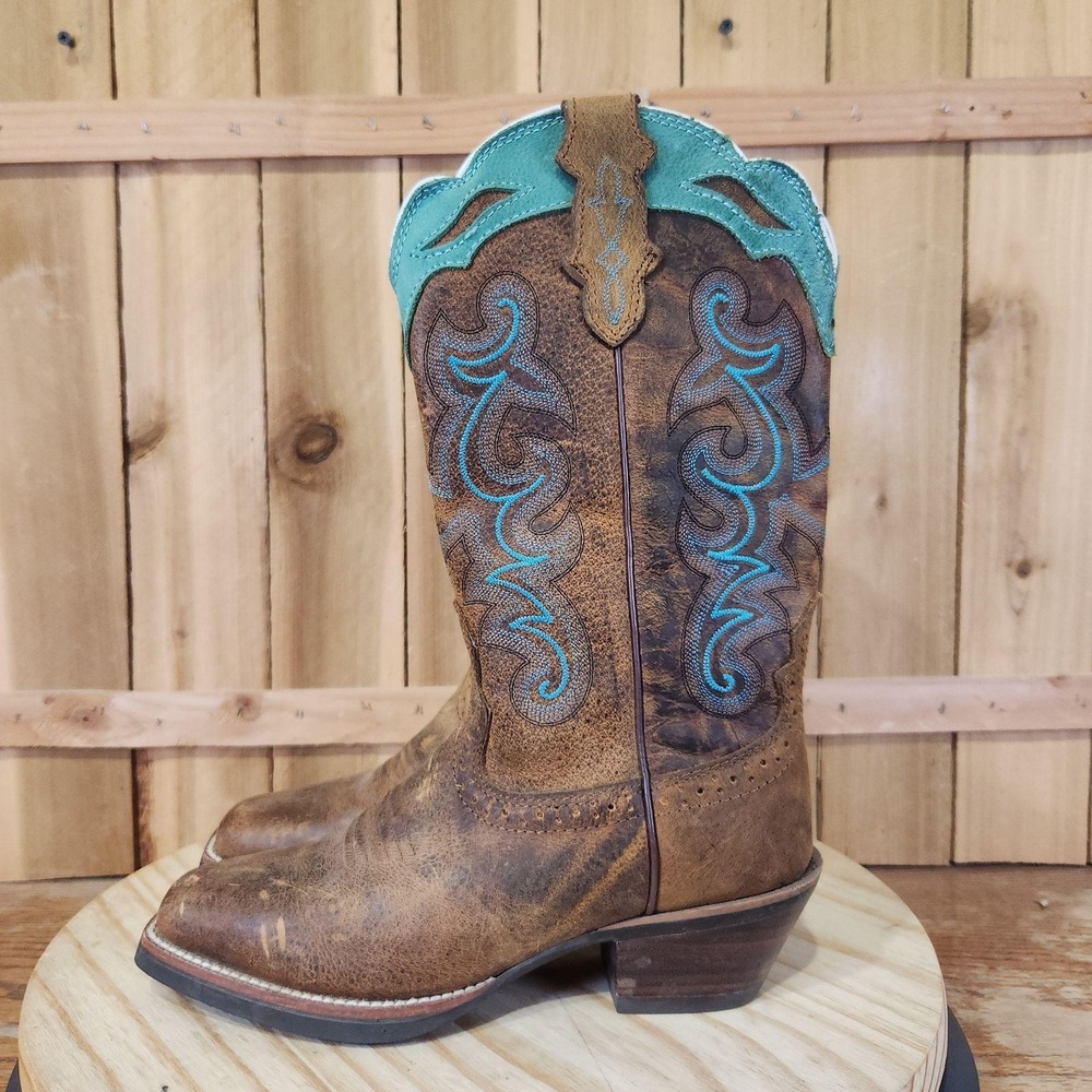 Justin Sevana Western Boots Womens 6 B Brown Leather Square Toe Turquoise Trim
